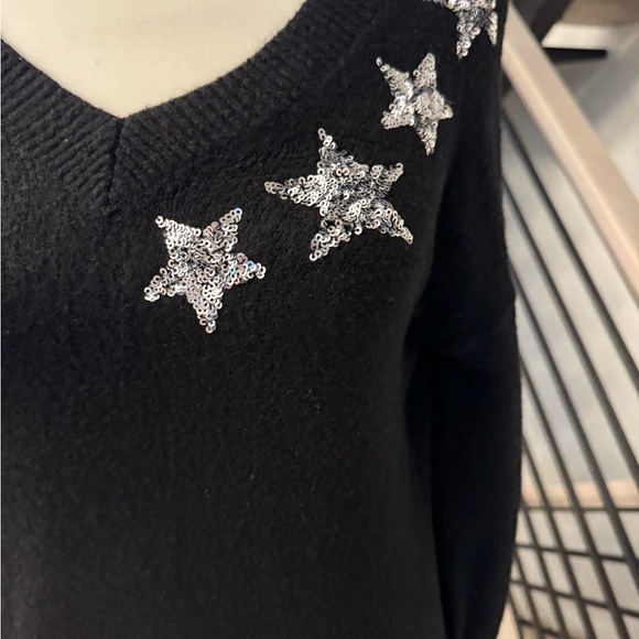 LOFT Black V-Neck Sweater with Star Accents - Picture 4 of 8